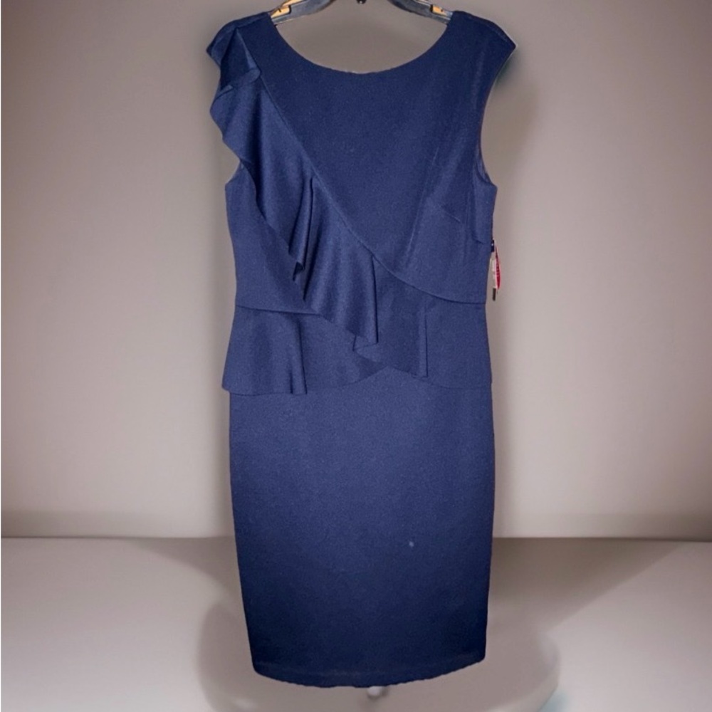 NWT Jessica Howard Women’s Navy Asymmetrical Ruffle Midi Dress - 12